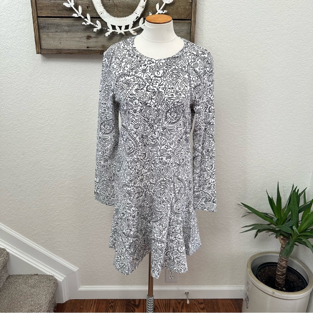 Tory Burch White & Black Doodle Print Long Sleeve Drop Waist Dress Medium